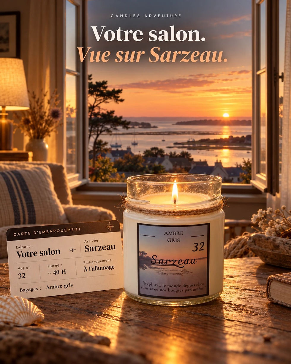 Bougie Sarzeau Ambre Gris allumée dans un salon face au golfe du Morbihan et aux voiliers au coucher du soleil.