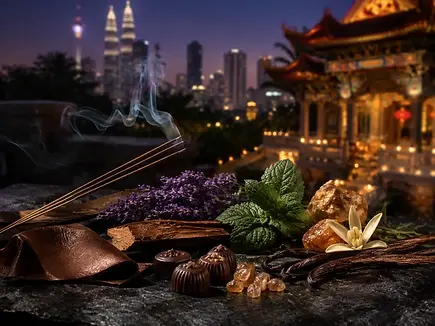 Univers olfactif Vanille Patchouli associé à Kuala Lumpur, ambiance chaude, profonde et enveloppante