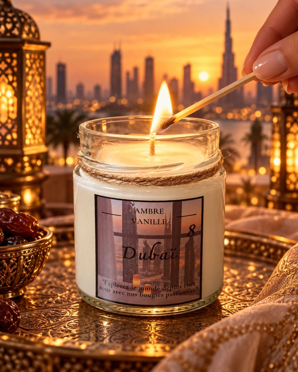 Bougie Dubaï Ambre Vanille Candles Adventure allumée à la main, avec lanternes et gratte-ciel au coucher du soleil.