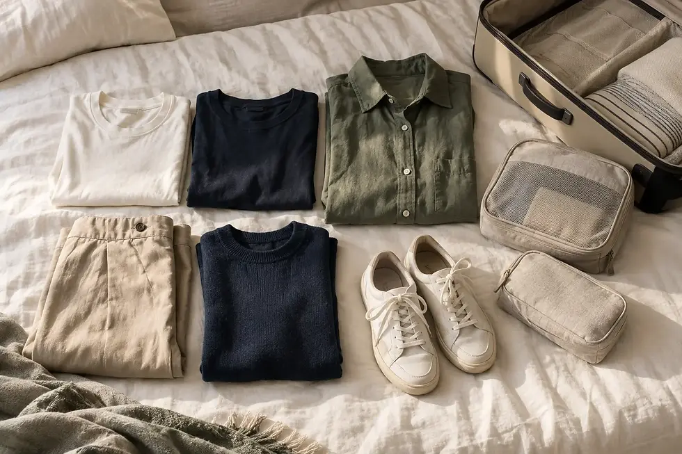 Vêtements aux couleurs assorties, chaussures et pochettes de rangement pour un court séjour.