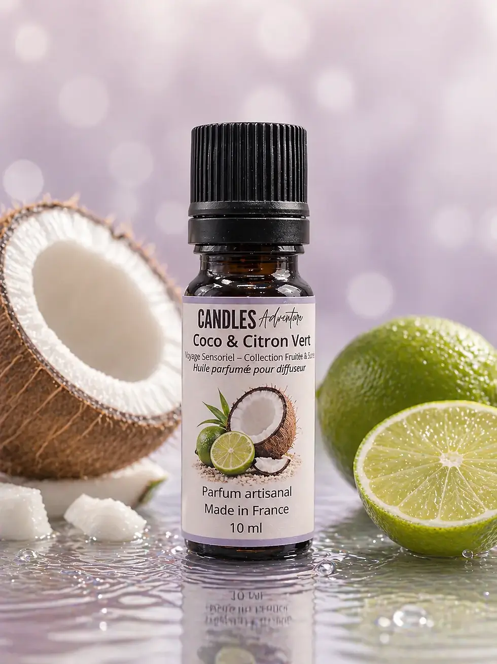 Huile parfumée Coco & Citron vert 10 ml Candles Adventure en mise en scène, ambiance tropicale coco citron vert pour diffuseu