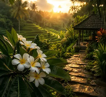 Rizières dorées et frangipanier au coucher du soleil. — inspiration de la destination Bali
