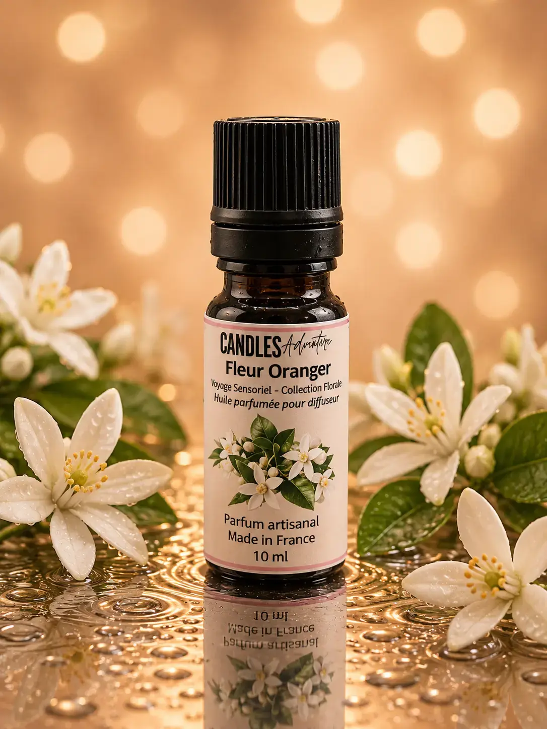Huile parfumée Fleur d'Oranger Candles Adventure – parfum artisanal aux notes de fleur d'oranger, flacon 10 ml sur fond doux