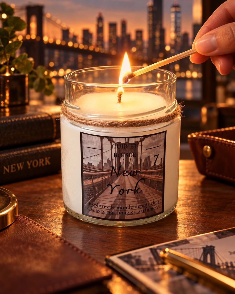 Bougie New York Cuir & Boisé Candles Adventure allumée à la main face aux gratte-ciel au coucher du soleil.