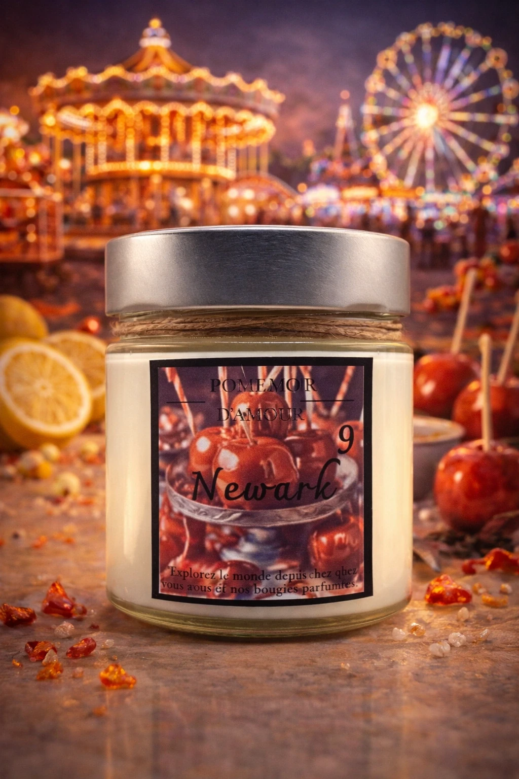 Bougie artisanale parfumée Newark – Pomme d’Amour | Candles Adventure