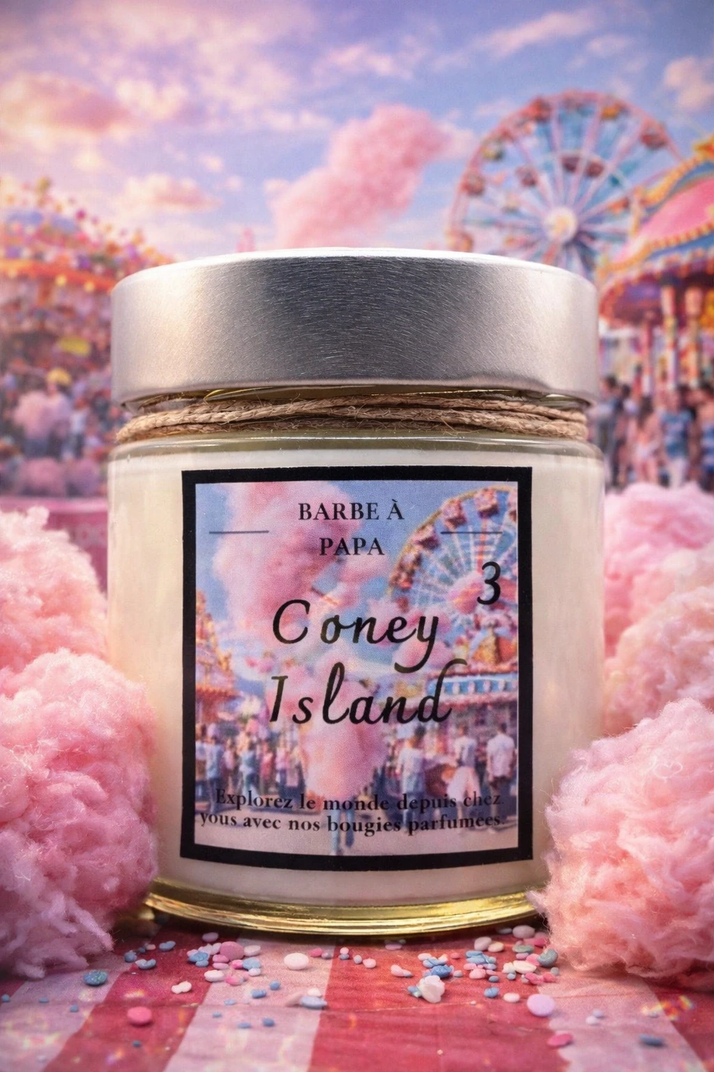 Bougie artisanale parfumée Coney Island – Barbe à Papa | Candles Adventure
