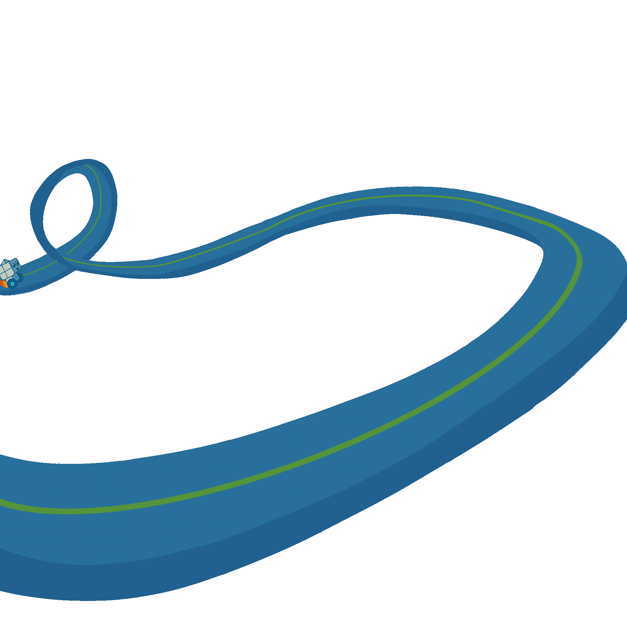 kleiner Roboter der auf einer Straße mit Loopings fährt