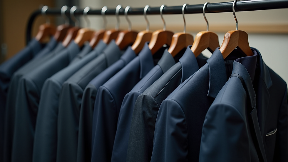High angle view of modern tailored suits on hangers