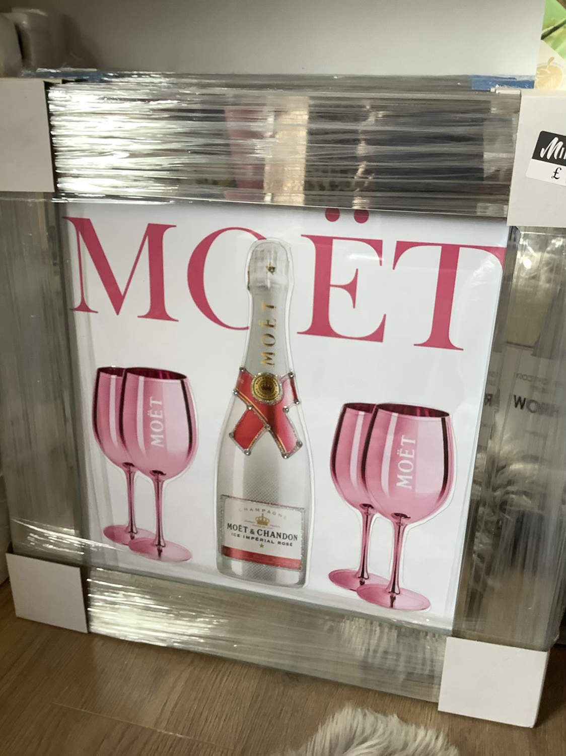 Pink & White Moët on Mirrored Frame 55x55cm