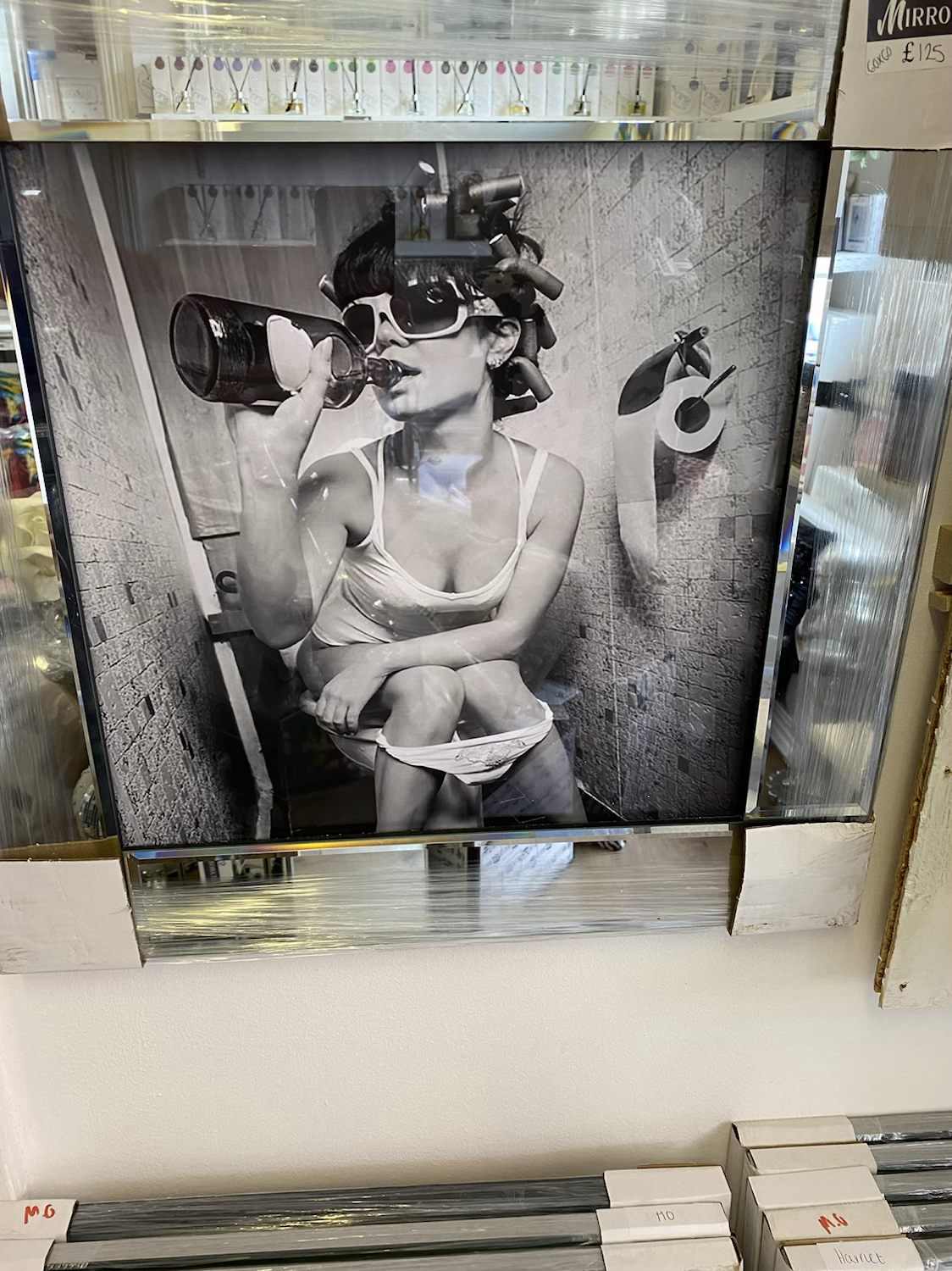 B&W Girl on Loo on Mirrored Frame 55x55cm