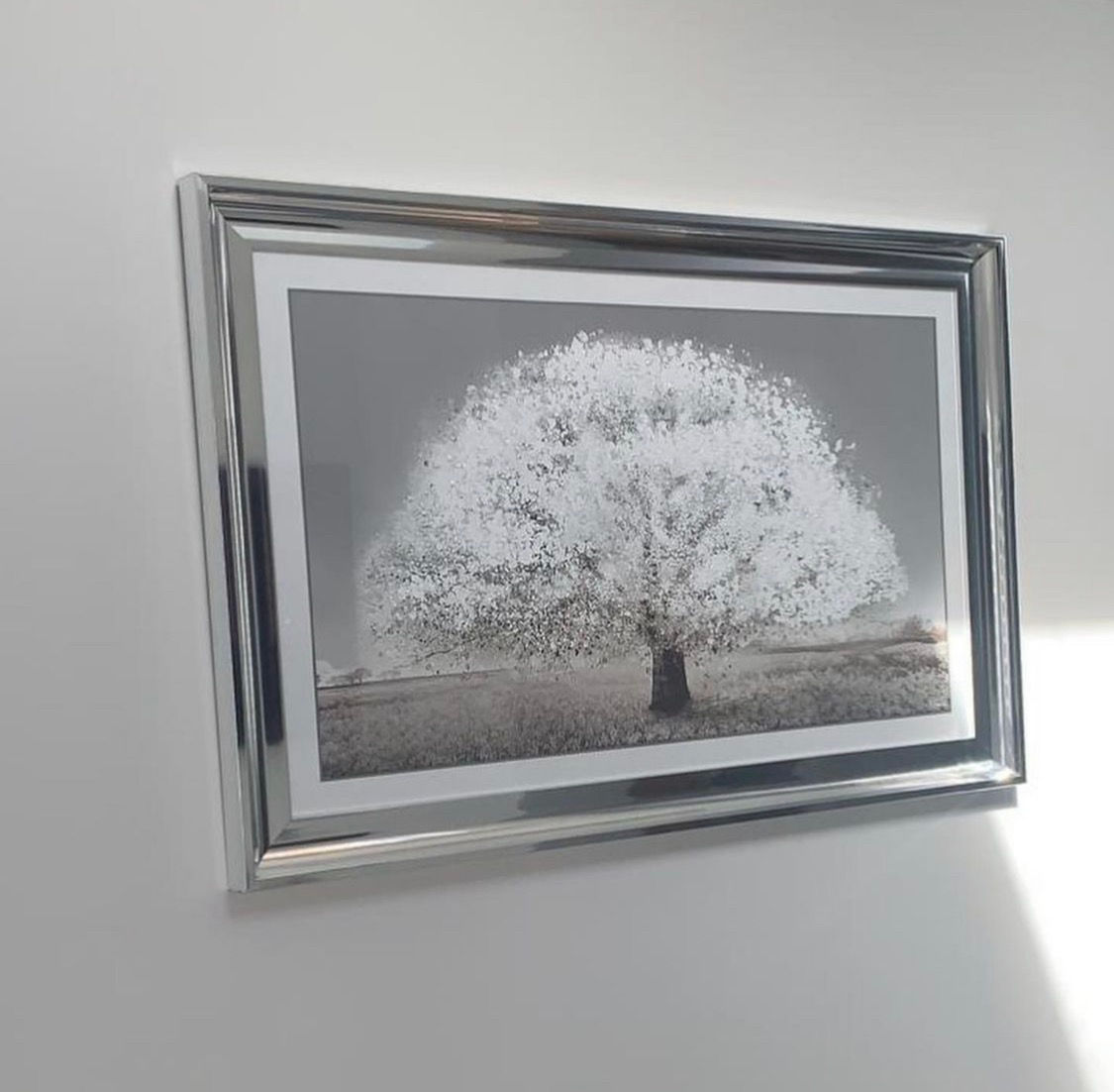 White Blossom Tree on Chrome Scoop Frame 115x75cm