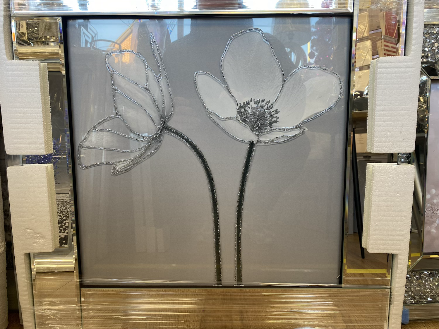 White & Silver Primrose on Mirrored Frame 60x60cm