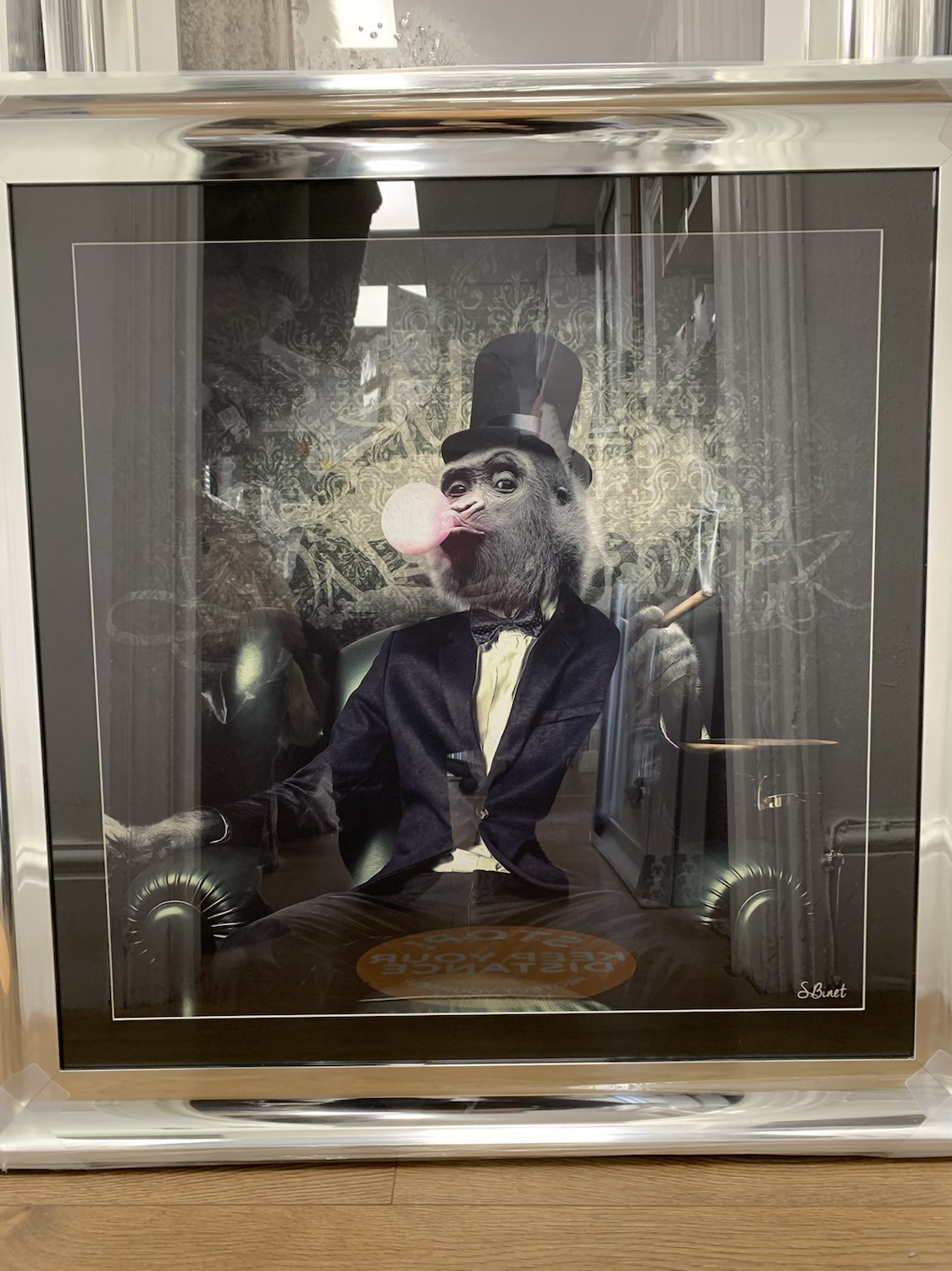 Monkey Bubble Gum on Chrome Scoop Frame  90x90cm
