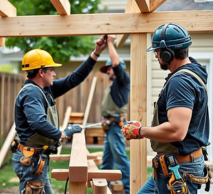 skilled workers installing wooden beams