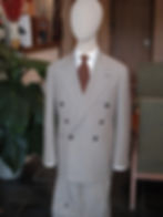Beige pinstripe double-breasted suit Fabric from Drapers Italy Full lined Cupro from Bemberg Full c