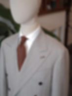 Beige pinstripe double-breasted suit Fabric from Drapers Italy Full lined Cupro from Bemberg Full c