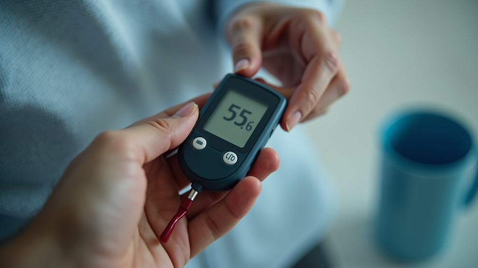 Close-up view of a blood glucose meter displaying a reading