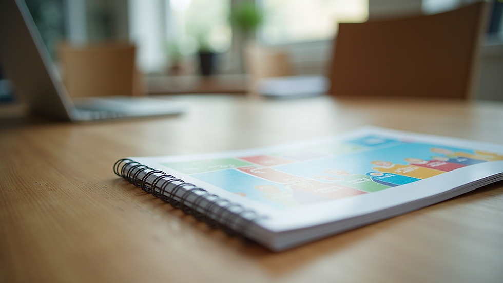 Eye-level view of a colorful health education brochure on a wooden table