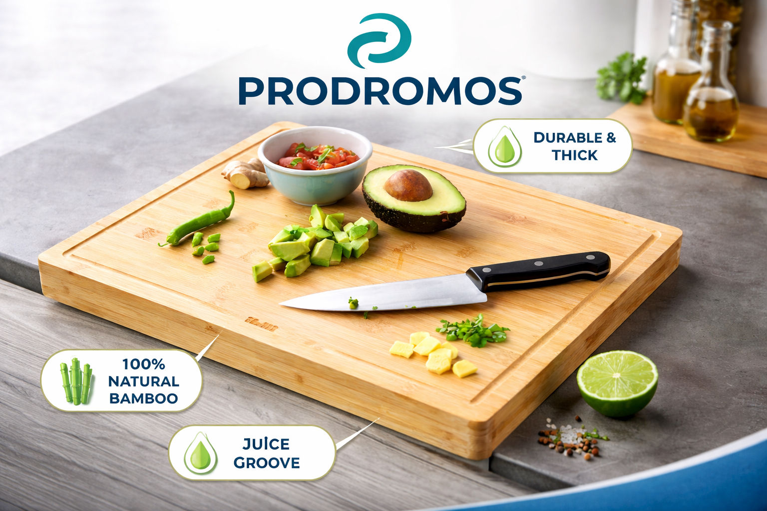 Ξύλο Κοπής Prodromos® Bamboo 35x45cm – Με Στοπ Σταθερότητας