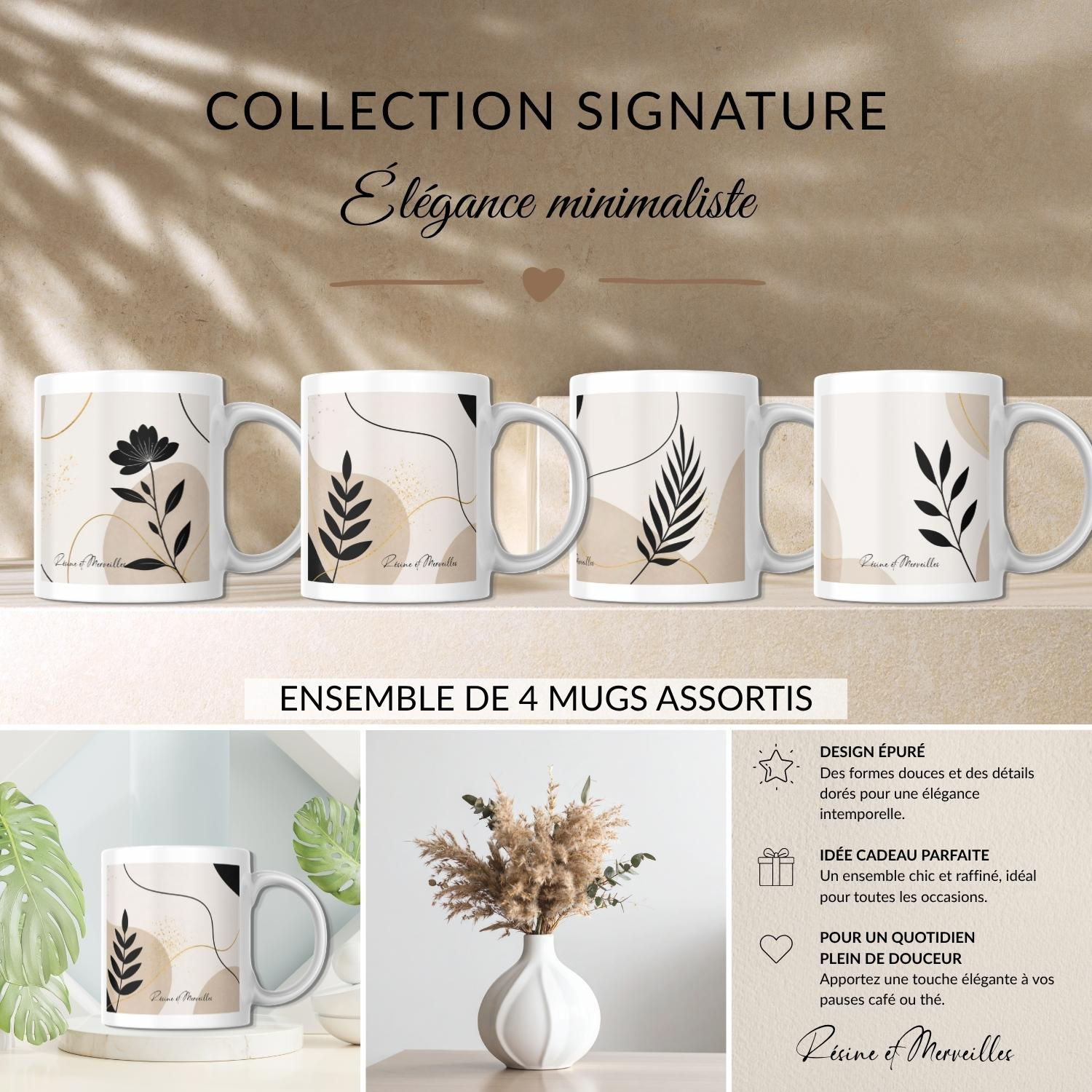 Coffret 4 mugs minimalistes élégants – Collection Signature cadeau femme