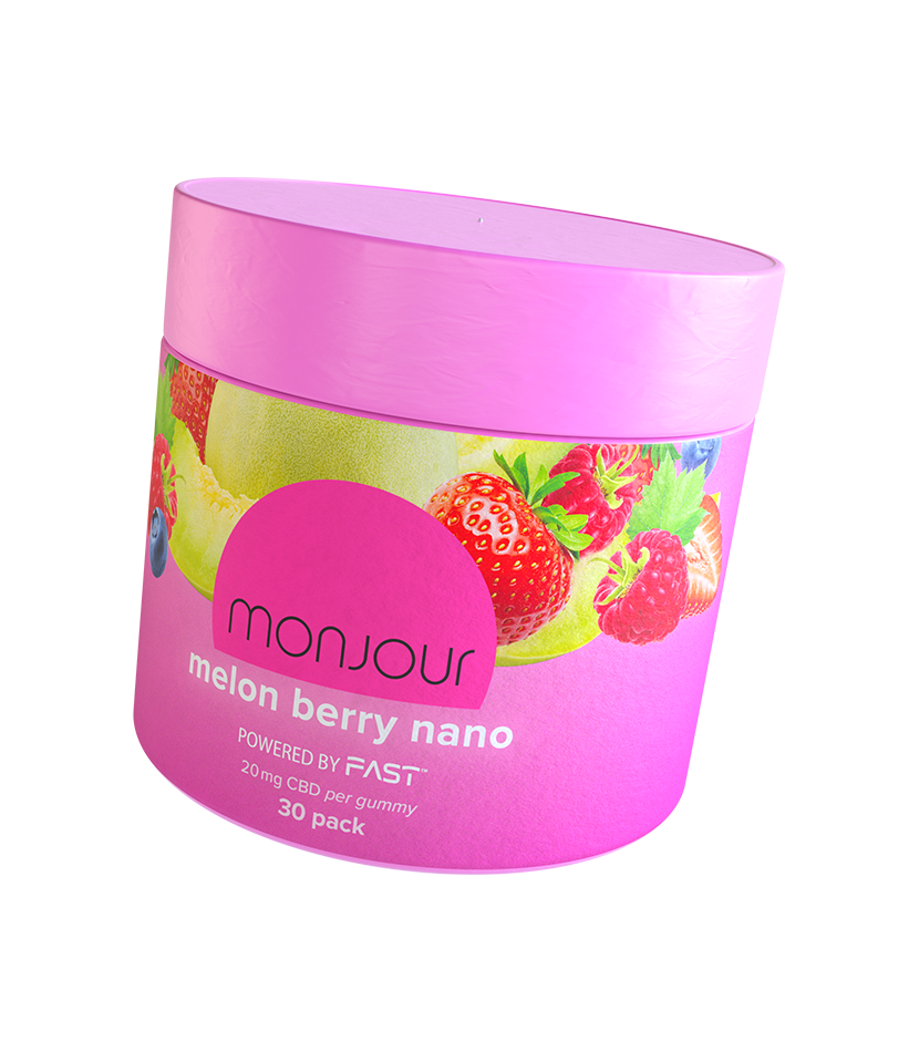 A bright pink jar of Monjour Melon Berry Nano.