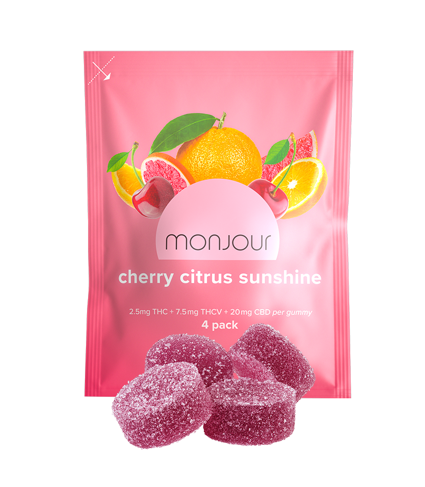 A pink pouch of Monjour Cherry Citrus Sunshine with four gummies.
