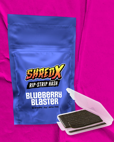 A purple bag of SHRED Blueberry Blaster, with rip-strip hash in front.