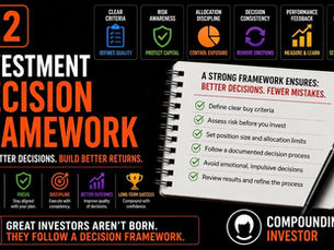 Investment Decision Framework infographic showing how structured investors make better decisions through buy criteria, risk management, allocation discipline, decision consistency, performance feedback and continuous improvement.