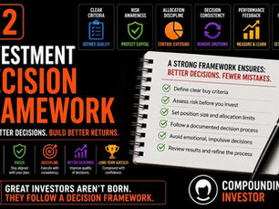 Investment Decision Framework infographic showing how structured investors make better decisions through buy criteria, risk management, allocation discipline, decision consistency, performance feedback and continuous improvement.