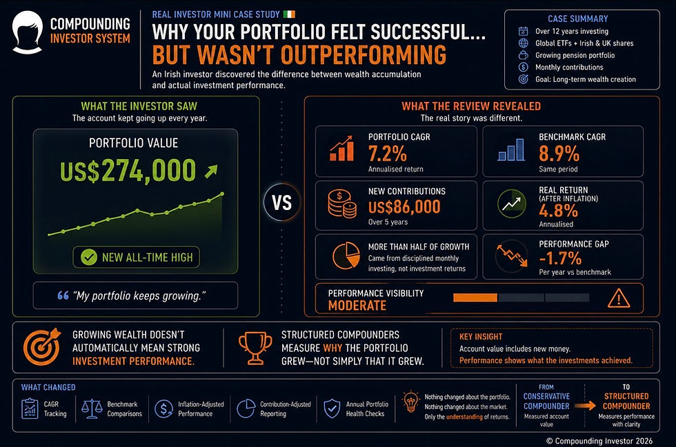 Real Investor Mini Case Study (Ireland): infographic comparing perceived portfolio success with actual investment performance. The investor saw a portfolio value of US$274,000 and a new all-time high, while a structured review revealed a 7.2% portfolio CAGR versus an 8.9% benchmark CAGR, US$86,000 in new contributions, a 4.8% inflation-adjusted return and a performance gap of –1.7% per year, showing that much of the portfolio’s growth came from regular investing rather than investment returns.