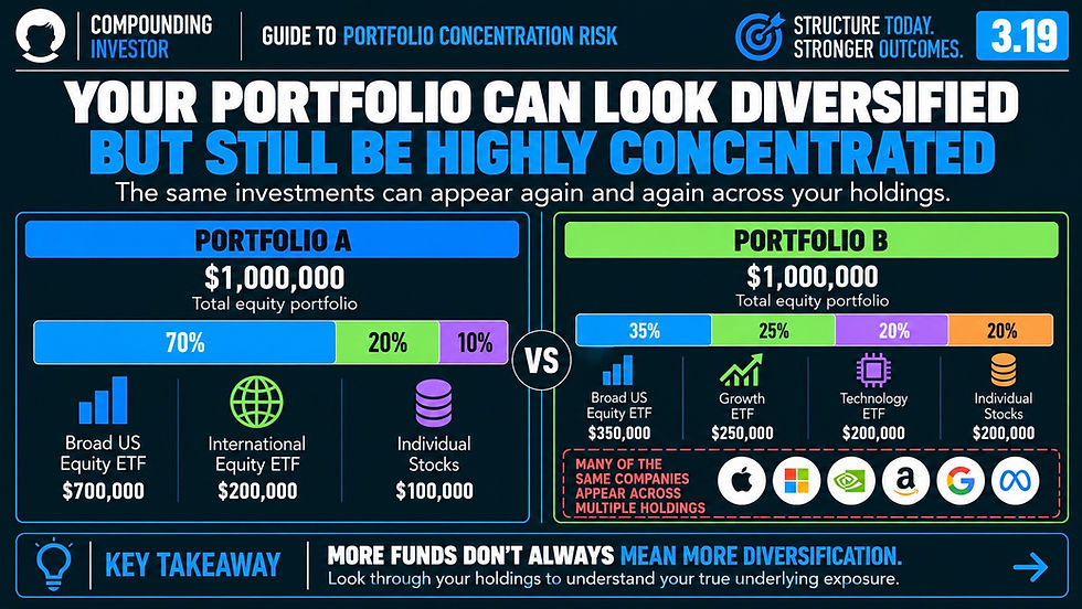Portfolio concentration risk infographic comparing two $1 million equity portfolios and showing how overlapping ETFs and individual stocks can create hidden exposure to the same underlying companies.