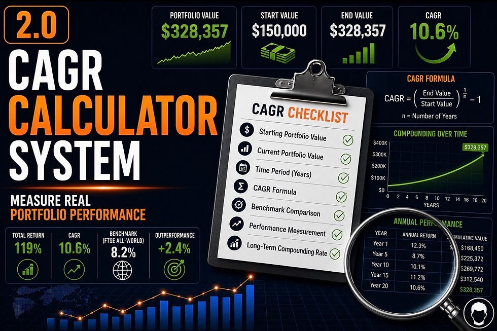 CAGR Calculator System thumbnail showing portfolio growth analysis, CAGR calculations, benchmark comparison metrics, compounding performance measurement and a structured checklist for evaluating long-term investment returns.