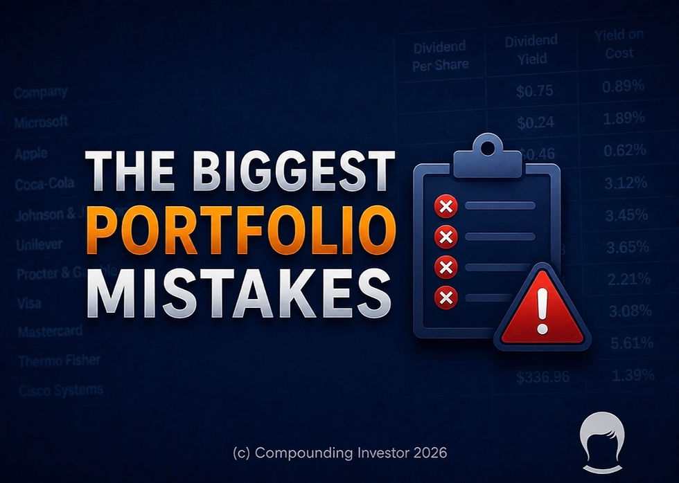 Blue financial blog thumbnail showing “The Biggest Portfolio Mistakes” with a warning checklist icon and investment risk symbols from the Compounding Investor system.