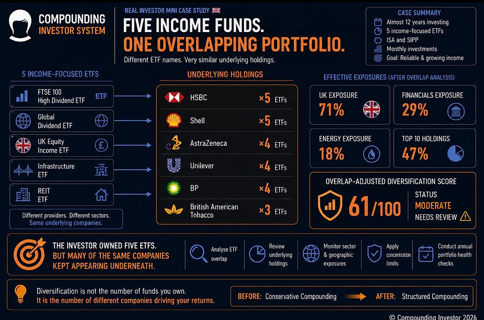 Real Investor Mini Case Study (UK): Five income ETFs appeared diversified but repeatedly owned many of the same underlying companies. An ETF overlap review revealed hidden concentration risk, demonstrating that true diversification depends on the underlying holdings—not simply the number of funds in a portfolio.