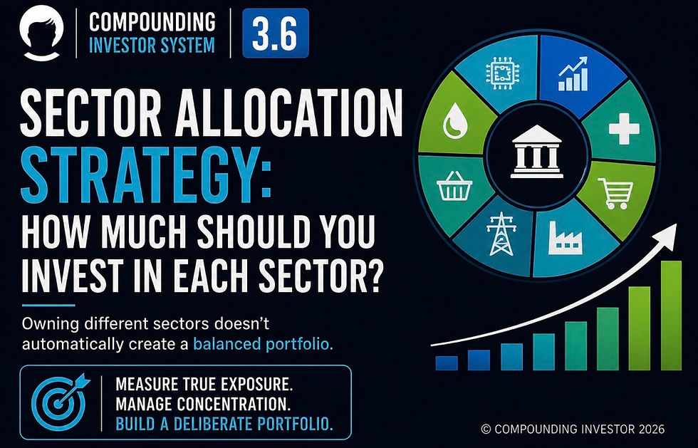 Sector allocation strategy infographic explaining how much of a portfolio to invest in each sector and why owning different sectors does not automatically create a balanced portfolio.