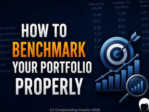 Investment benchmarking infographic showing portfolio performance analysis, CAGR tracking, benchmark comparison and risk-adjusted return measurement for long-term investors.
