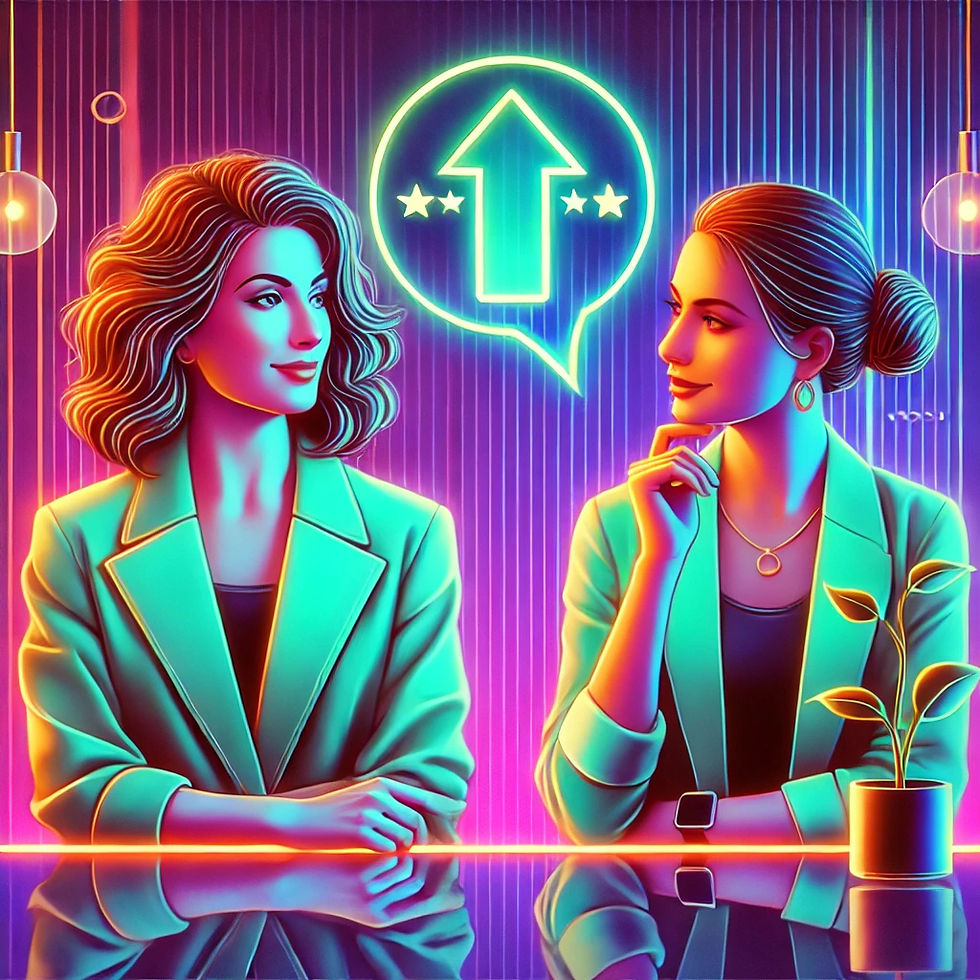 A modern, vibrant digital illustration of two professional women engaged in a dynamic conversation, symbolizing giving and receiving feedback. One woman has well-defined wavy hair and wears a teal blazer, while the other, with her hair in a sleek bun, listens attentively with a thoughtful expression. A neon speech bubble featuring an upward arrow and stars glows in the background, representing growth and progress. The setting is a futuristic office with bold neon lighting in electric blue, magenta, and vibrant purple, creating an energetic yet professional atmosphere.