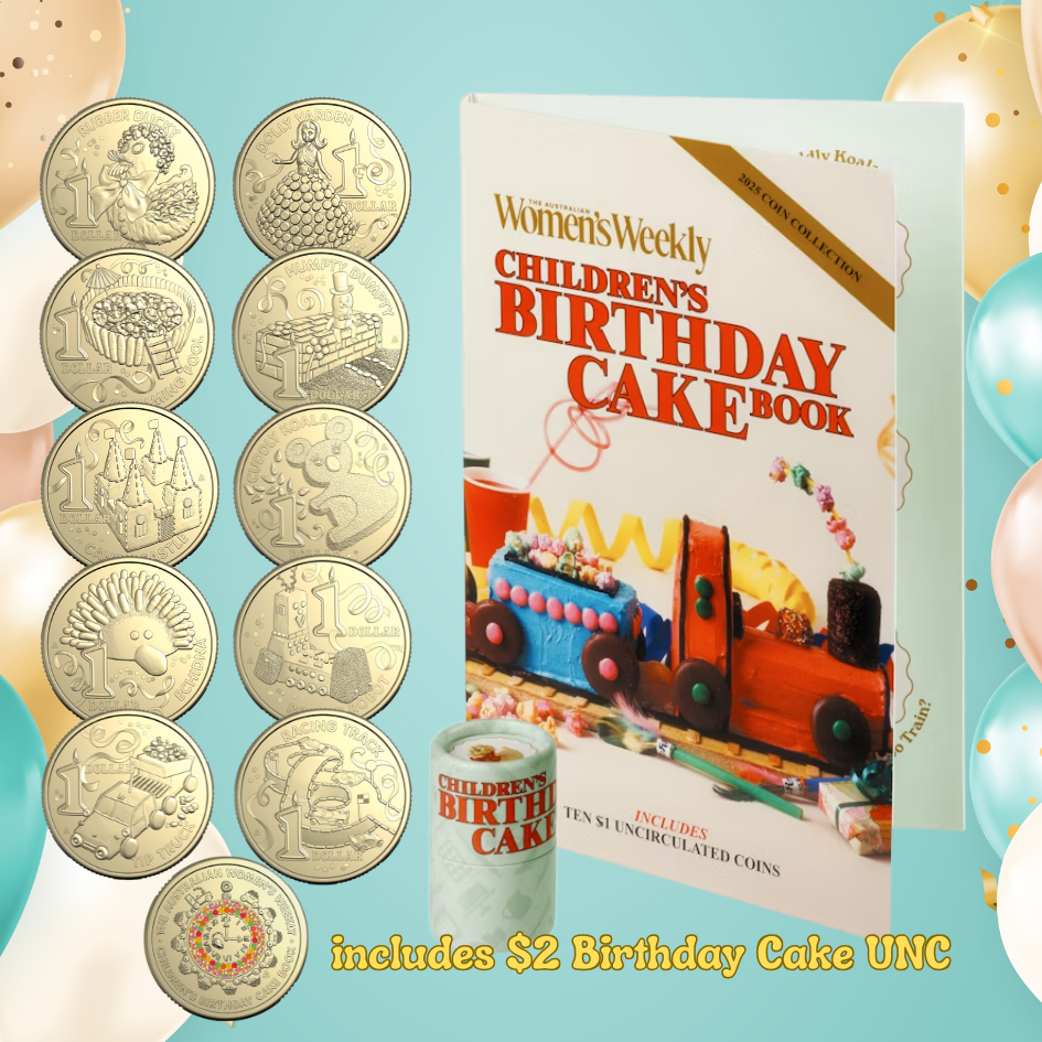 2025 $1 Womens Weekly Birthday Cake Folder & Tube Set incl. $2 UNC Coin