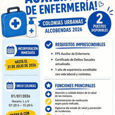 Se buscan 2 auxiliares de enfermería para trabajar en las Colonias Urbanas de Alcobendas 2026, con incorporación inmediata.