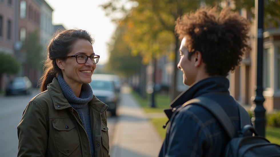 Eye-level view of a journalist interviewing a local community member
