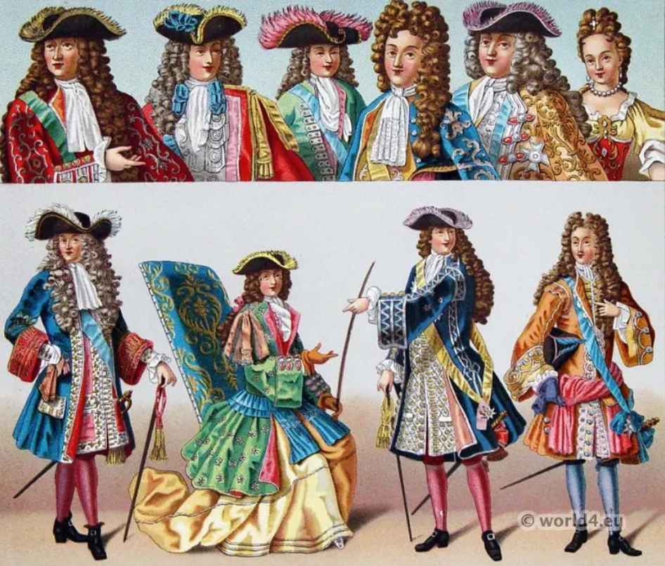 Illustrations of male fashions from the Versailles court.