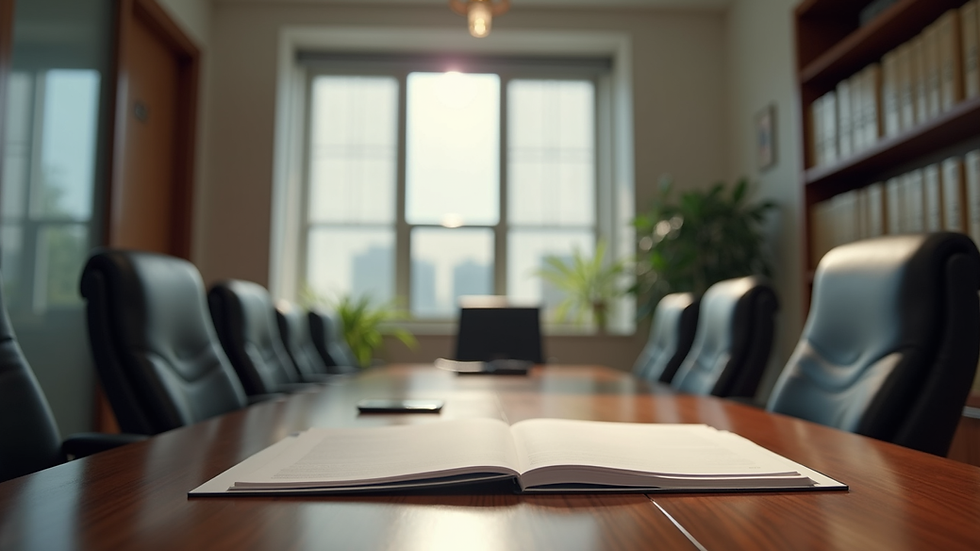 Vista frontal de escritório de advocacia com documentos e computador