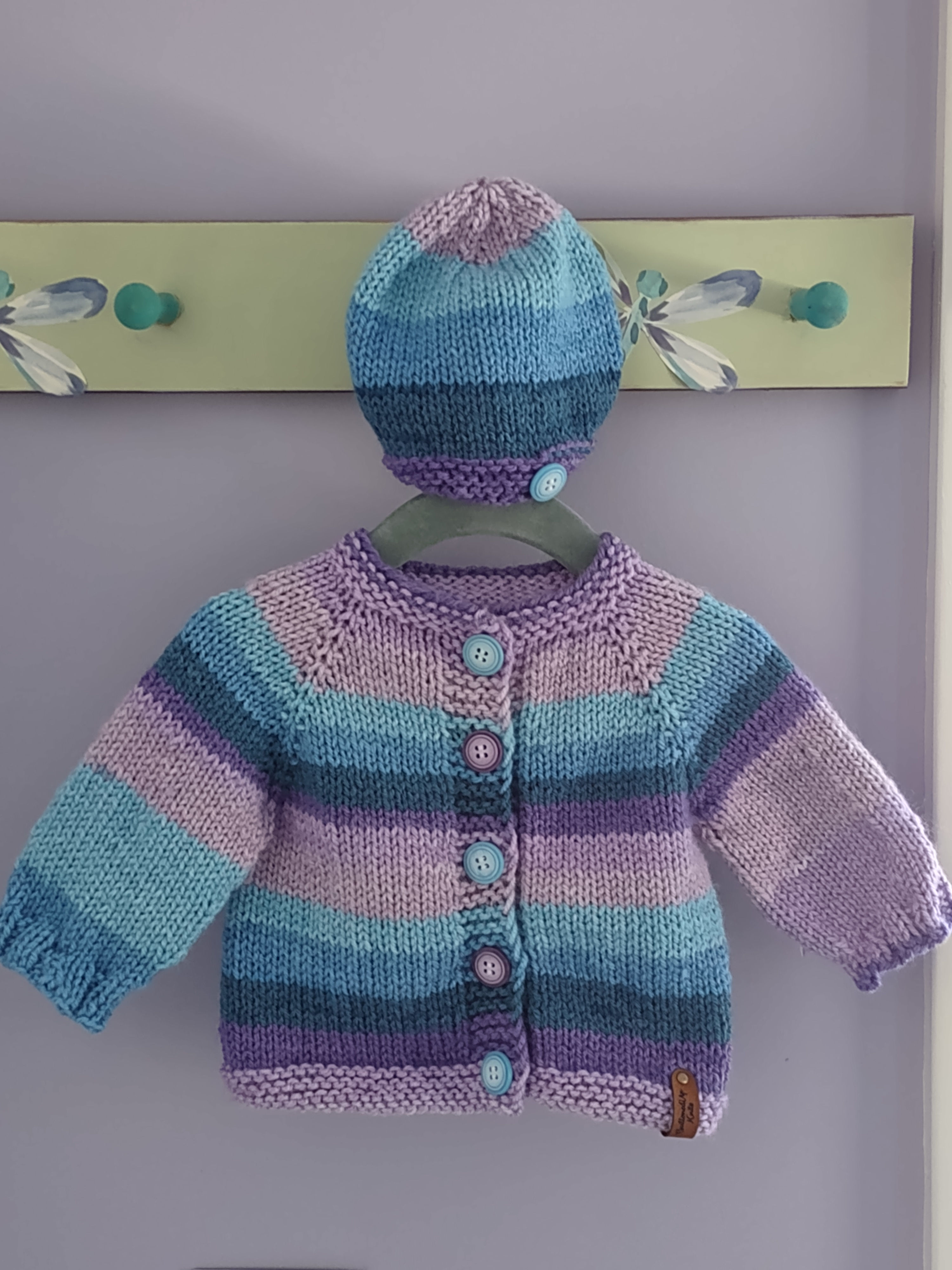 #245 Baby sweater in purple and turquoise