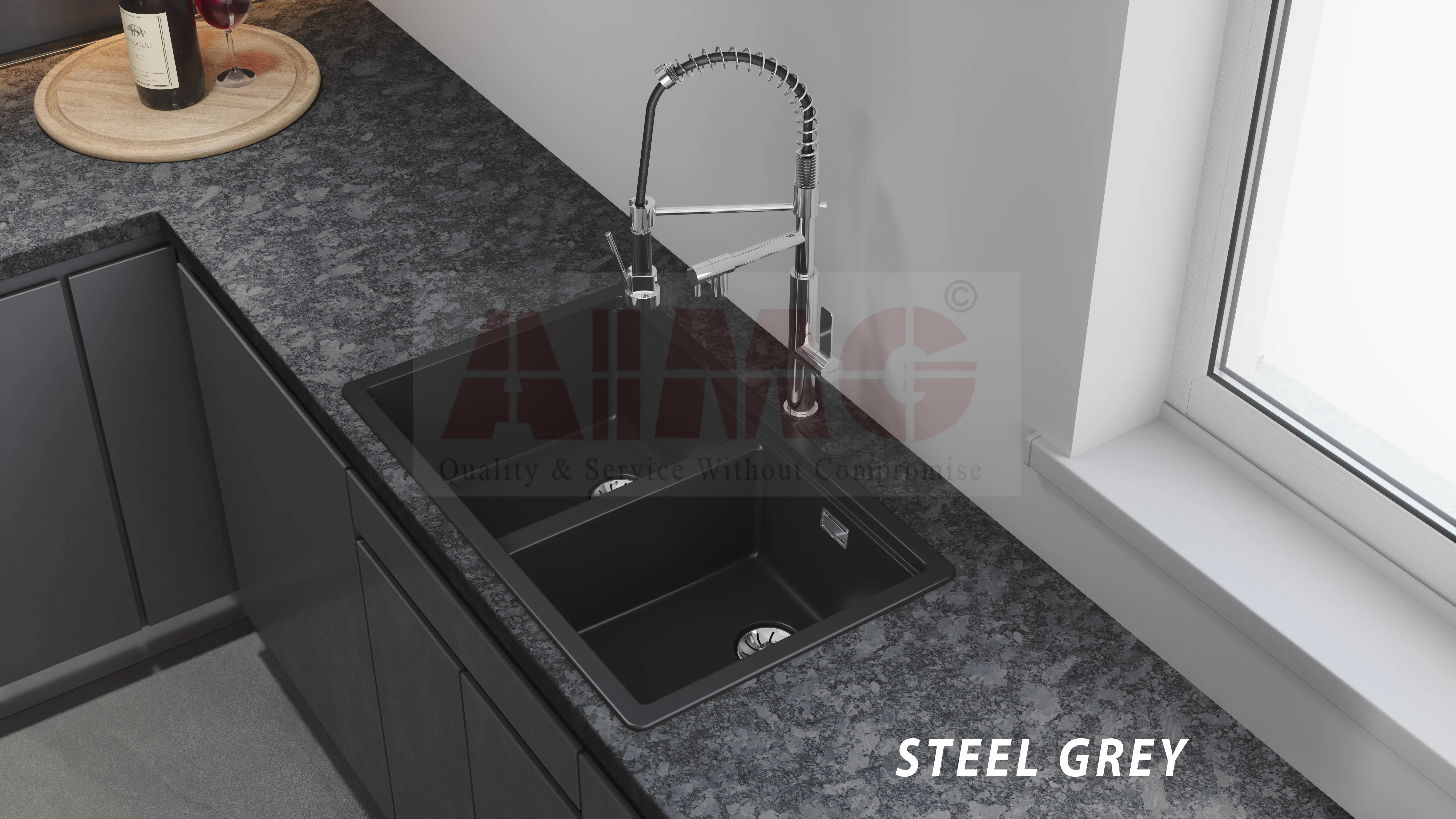 Steel Grey Granite kitchen countertop by Aravali Marbles featuring a modern dark grey finish for minimalist kitchen interiors