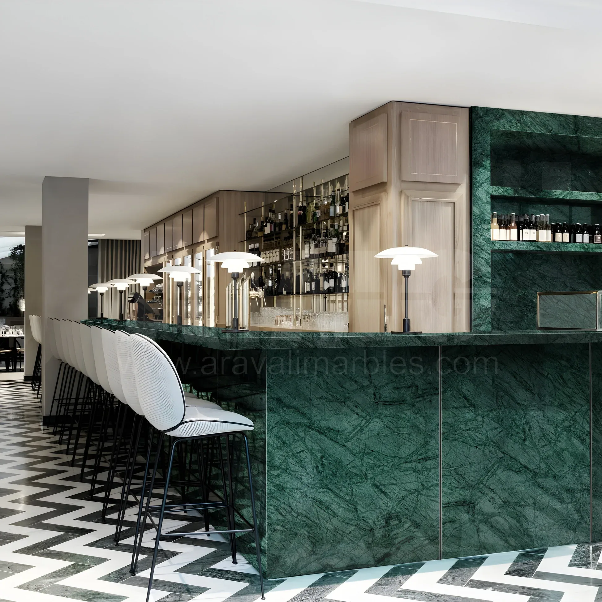 Commercial bar counter with Verde Guatemala Marble supplied by Aravali India Marbles and Greens