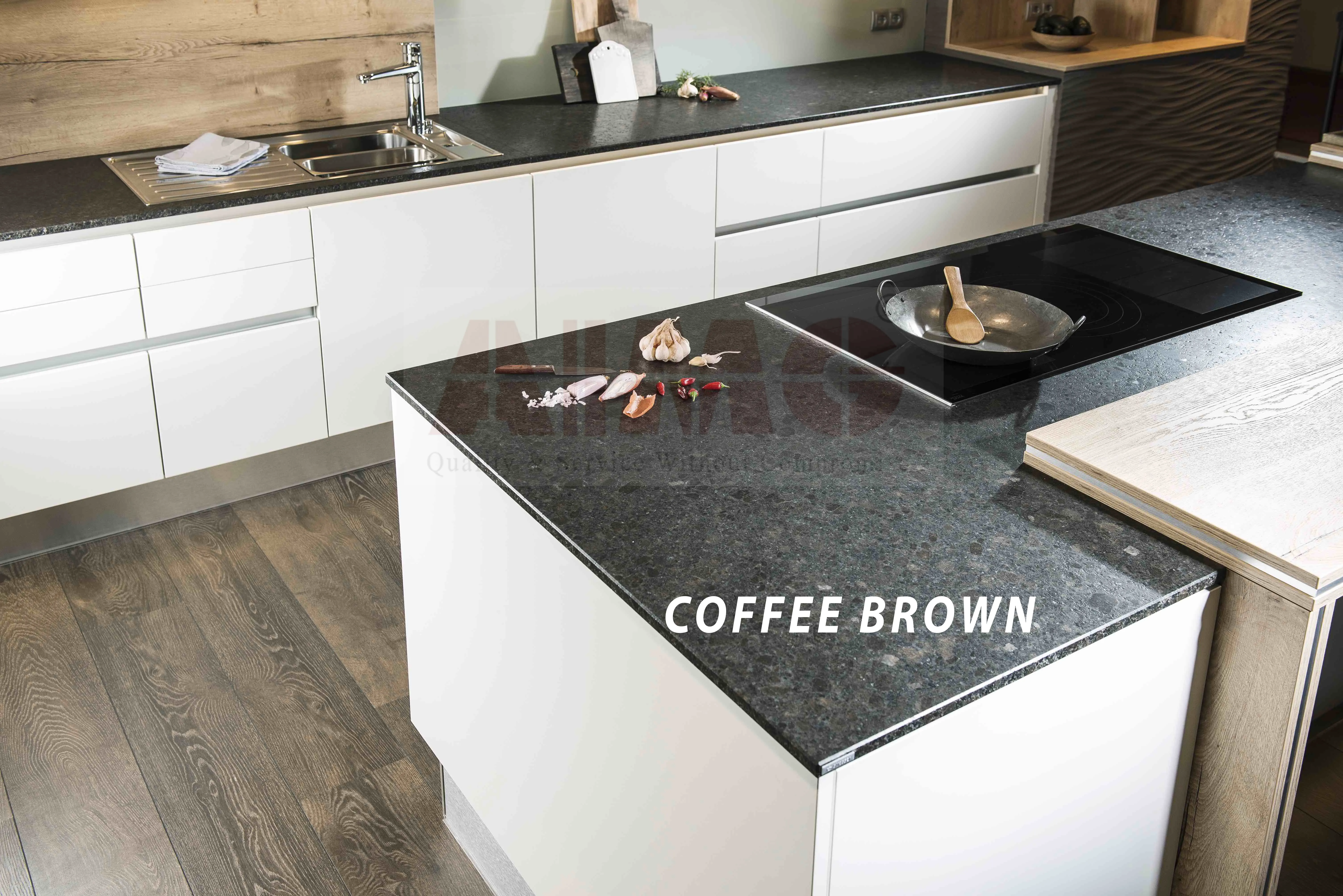 Coffee Brown Granite kitchen countertop by Aravali Marbles with polished finish for modern modular kitchen interiors