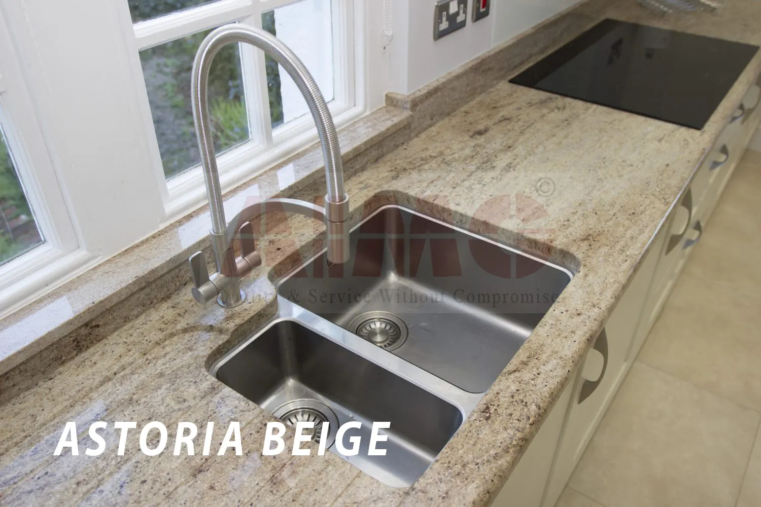 Astoria Beige Granite kitchen countertop by Aravali Marbles with soft beige tones and natural movement for contemporary kitchen interiors
