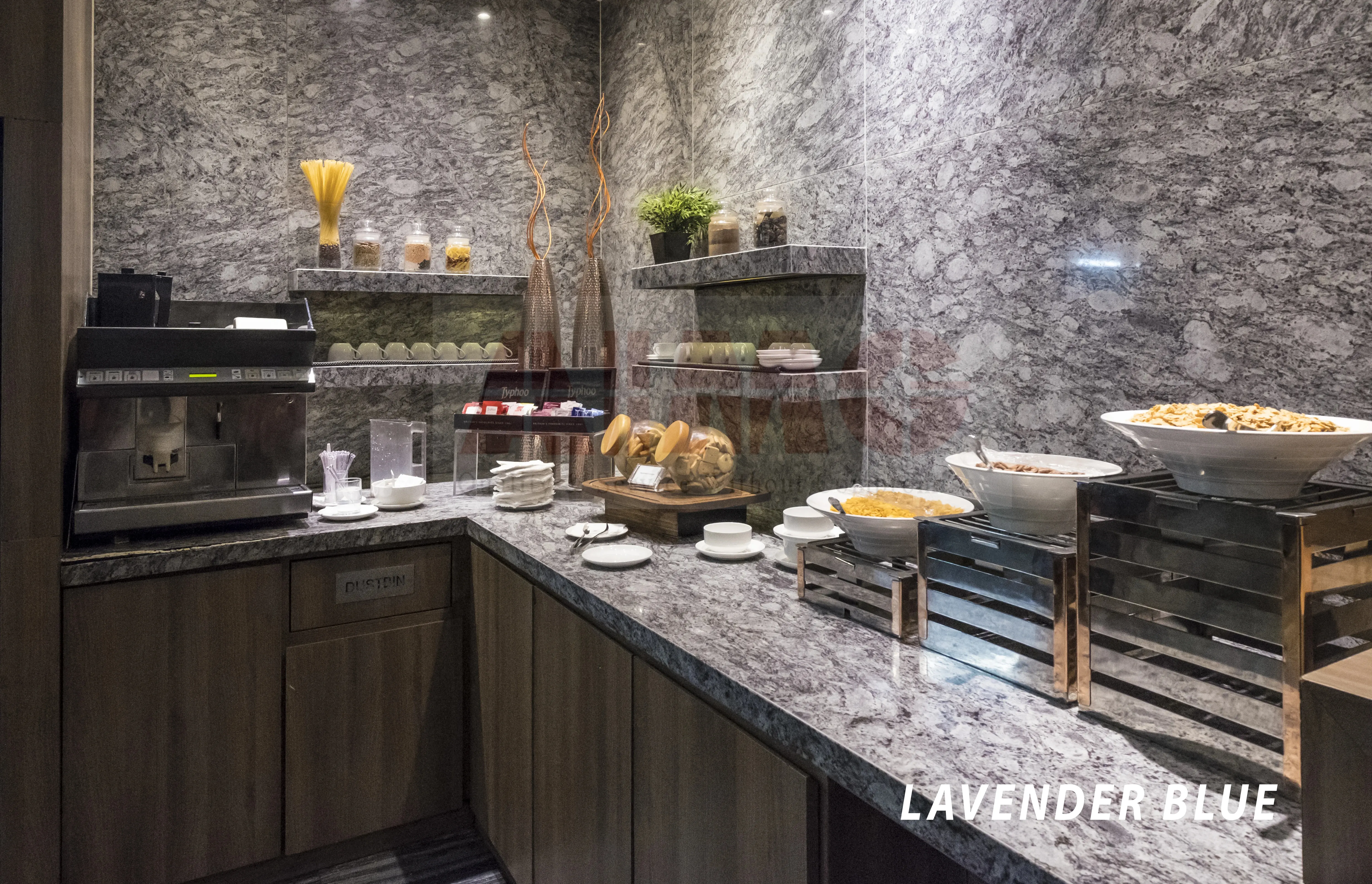Lavender Blue Granite kitchen application by Aravali Marbles showcasing elegant blue-grey patterns for contemporary interior spaces