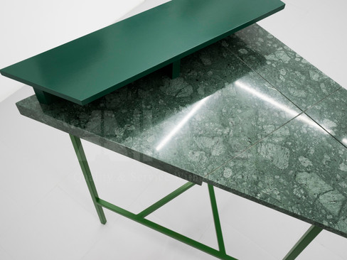 Custom green marble desk and tabletop crafted by Aravali Marbles, featuring rich green tones and natural veining that create a sophisticated workspace with a modern design aesthetic.