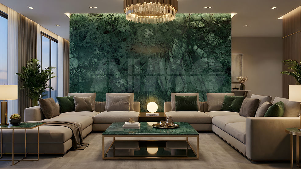 Luxury living room feature wall in green marble by Aravali Marbles with elegant interior design